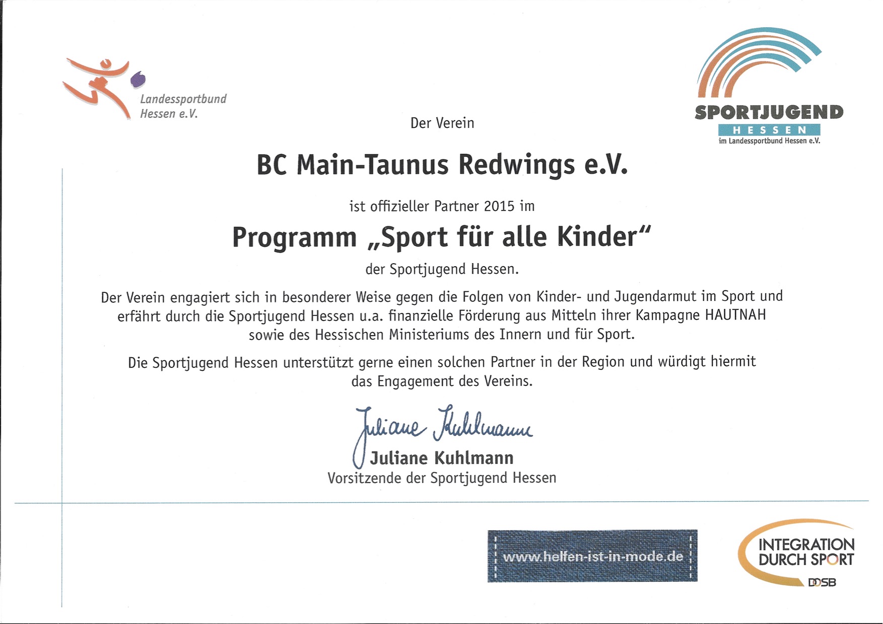 Partnerurkunde Sport für alle Kinder