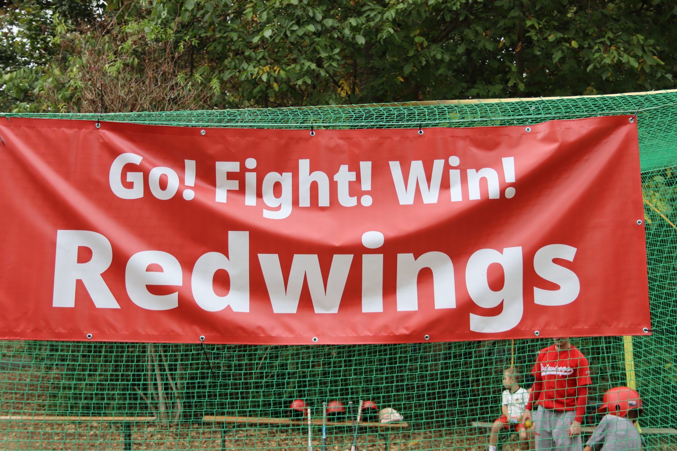 Go! Fight! Win! Redwings-Banner am Batting Cage